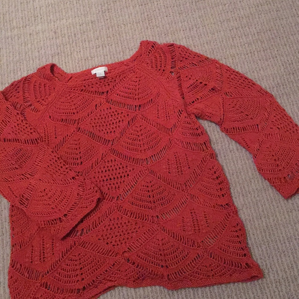 Open crochet knit boat neck sweater 3/4 sleeves